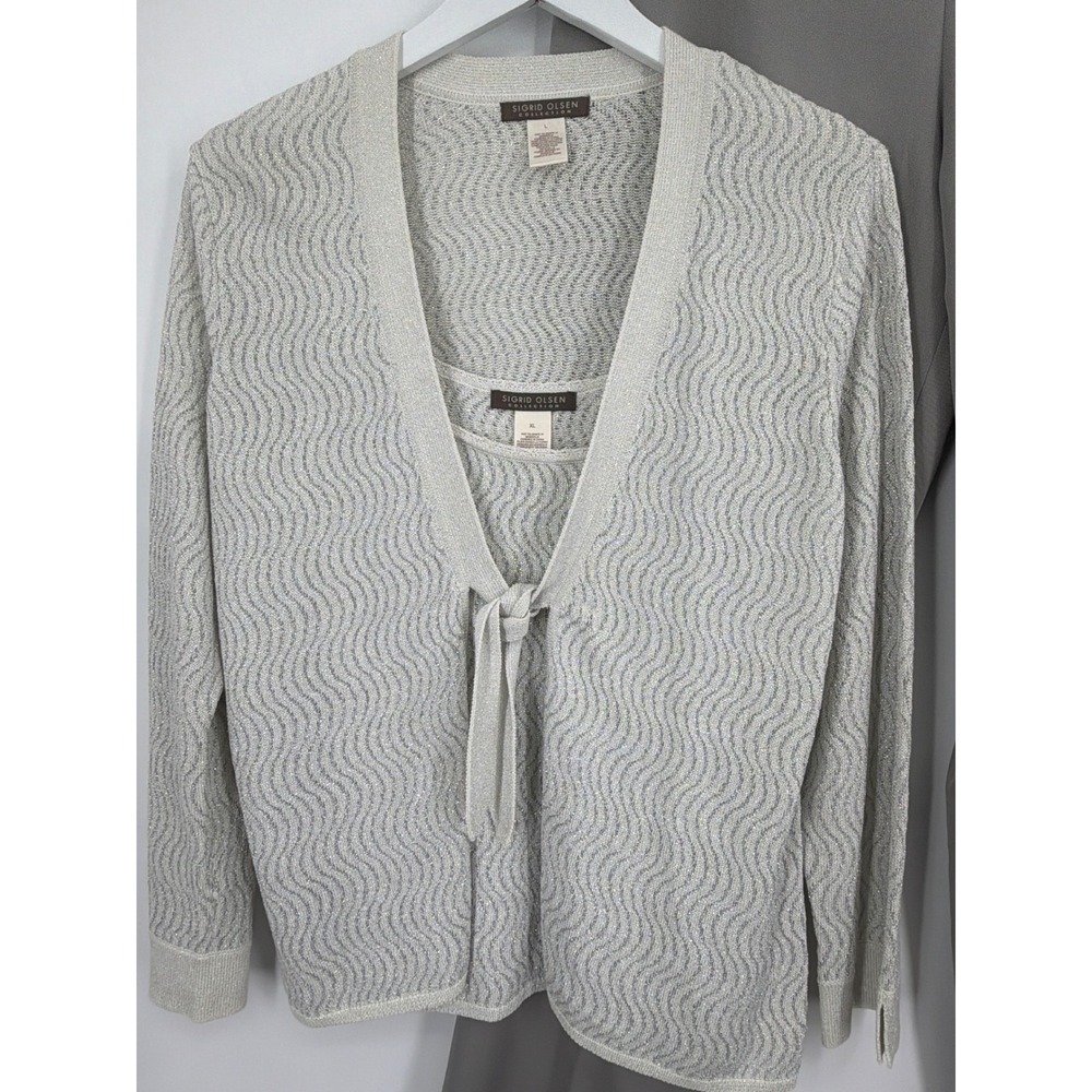 Sigrid Olsen 3 Piece Set Metallic Knit Cardigan Cami Silk Blend Pants Grey 16 L - Picture 2 of 16